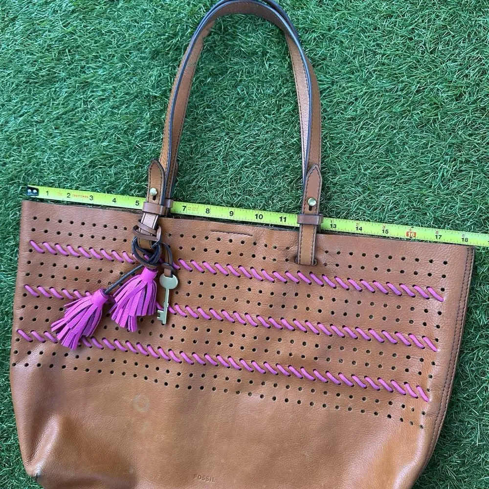 Vintage Fossil Rachel Large Tot Brown Whipstitched Leather Tassels Bag Key Pouch